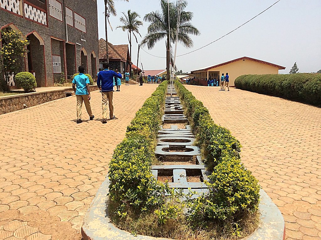 The paved main avenue of the PSS Bafut campus, lined by a hedged WELCOME planter, palms and the stone administrative block